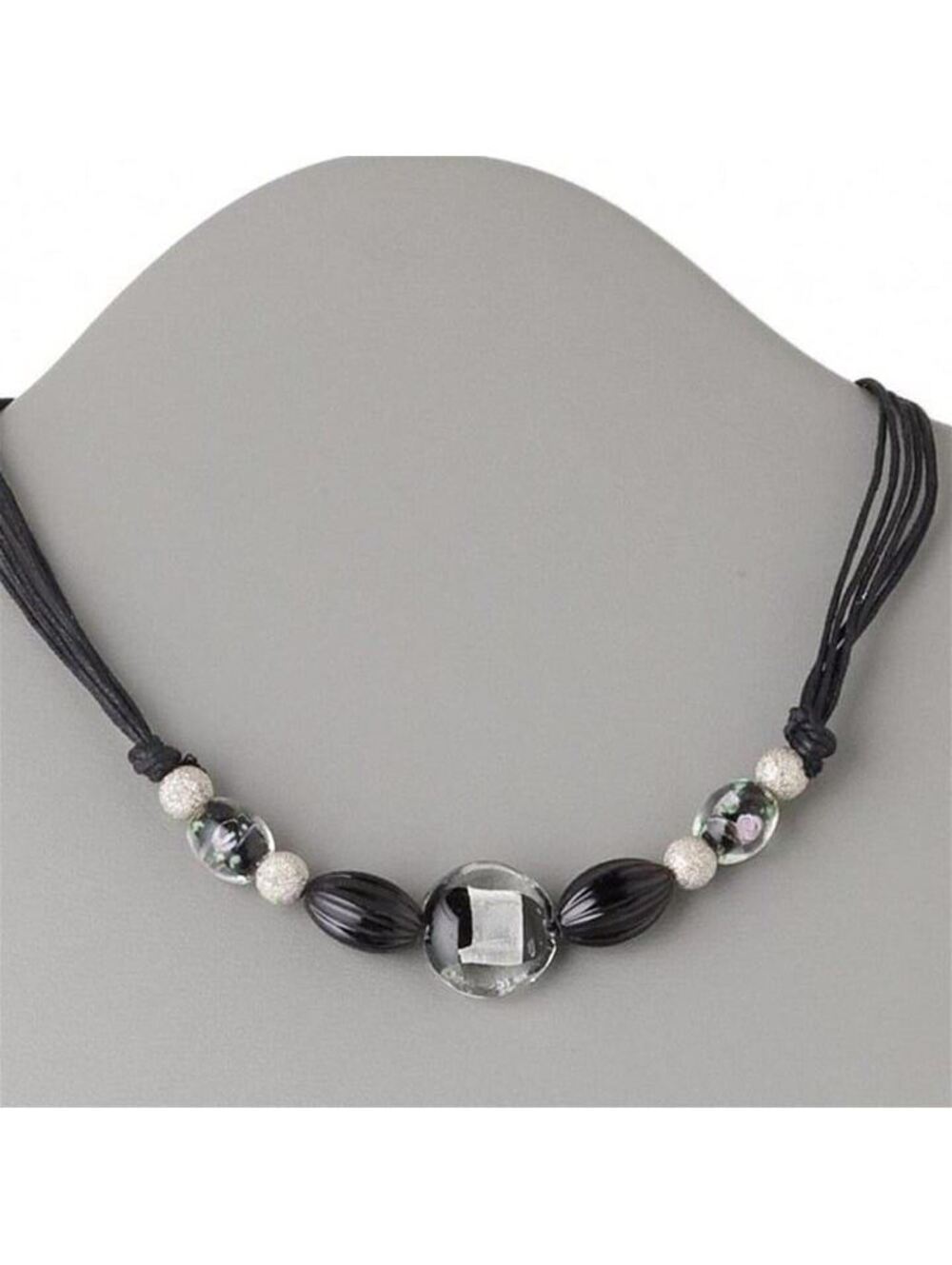 Artsy Black White Silver Lampwork Glass Beads Choker Necklace